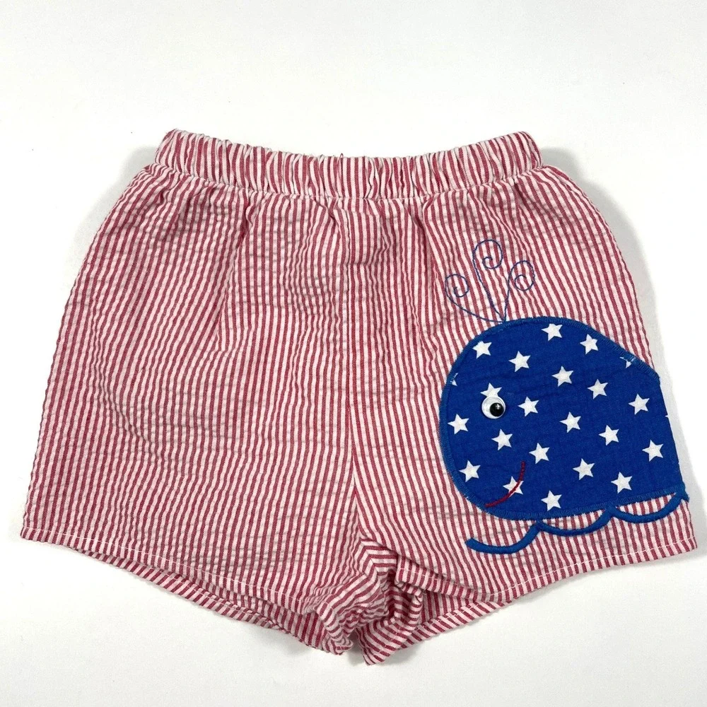 VTG Bailey Boys Red White Seersucker Whale Swim Shorts 6M 4th of July‎ Beach
